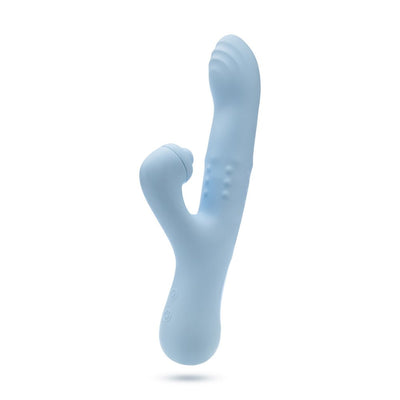 Light blue silicone rabbit vibrator with curved head, sliding beads, and clitoral massager with control buttons.