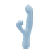 Light blue silicone rabbit vibrator with curved head, textured shaft, and clitoral stimulator, standing upright on white background.