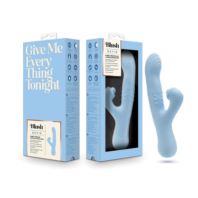 Blush Devin Blue rabbit vibrator with dual stimulation, sliding beads, and curved design shown with packaging in light blue color.