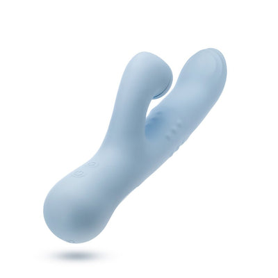 Light blue silicone dual-stimulation vibrator with curved head and clitoral massager, featuring control buttons on the handle.