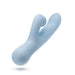 Light blue silicone dual-stimulation vibrator with curved head and clitoral massager, featuring control buttons on the handle.