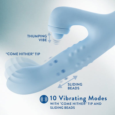 Light blue rabbit vibrator with a curved come-hither tip, sliding beads, and thumping clitoral stimulator showing 10 vibration modes.