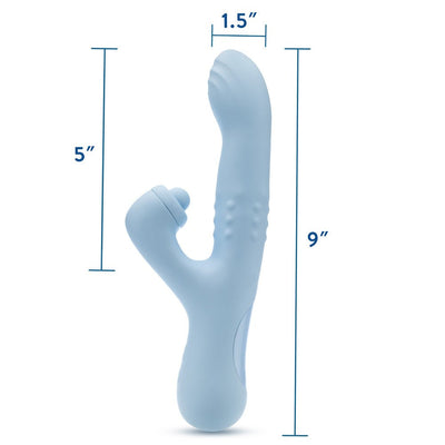 Blue silicone rabbit vibrator with curved head and clitoral stimulator, measuring 9 inches long and 1.5 inches wide.