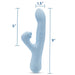 Blue silicone rabbit vibrator with curved head and clitoral stimulator, measuring 9 inches long and 1.5 inches wide.