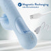 Light blue Blush Devin rabbit vibrator with magnetic USB rechargeable charging cable shown close-up.