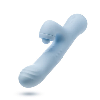 Blush Devin Blue rabbit vibrator with curved shaft, textured beads, and clitoral massager in soft blue silicone.