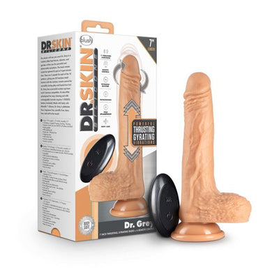 Blush Dr. Skin Dr. Grey 7-inch realistic silicone dildo with suction base and wireless remote control in vanilla color.