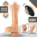 Realistic vanilla-colored silicone dildo with suction base, showing thrusting and gyrating motion, 360° rotation, and wireless remote control.