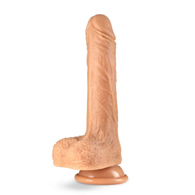 Realistic vanilla-colored silicone dildo with suction base and detailed texture, standing upright on a white background.