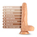 Realistic vanilla-colored silicone dildo with suction cup base and key features listed including posable shaft and harness compatibility.