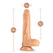 Vanilla-colored realistic silicone dildo with suction base, 7.75 inches long and 1.5 inches wide, with 5.5 inches insertable length.