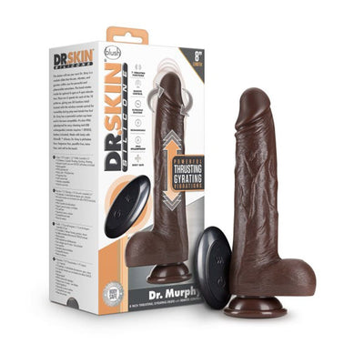 Chocolate-colored 8-inch silicone dildo with suction base and wireless remote, displayed with packaging.
