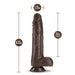 Chocolate-colored realistic silicone dildo with suction base, measuring 8.75 inches long and 1.75 inches wide.