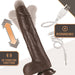 Chocolate-colored silicone thrusting dildo with suction base and USB rechargeable cable shown with motion effect.