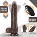 Chocolate silicone dildo with suction base, wireless remote, 360° rotation, and powerful thrusting and gyrating vibrations.