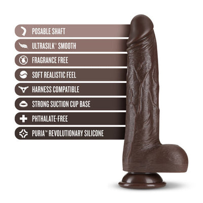 Chocolate-colored realistic silicone dildo with suction cup base and key features listed alongside.
