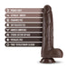 Chocolate-colored realistic silicone dildo with suction cup base and key features listed alongside.