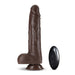 Chocolate-colored silicone thrusting dildo with suction base and black wireless remote control.