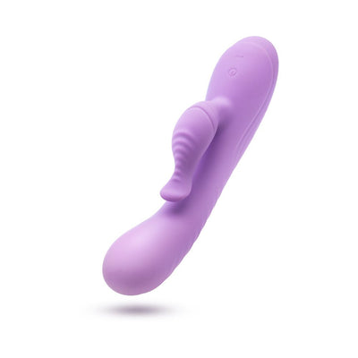Purple Blush Evelyn Rabbit Vibrator with curved design and textured clitoral stimulator, made from smooth silicone.
