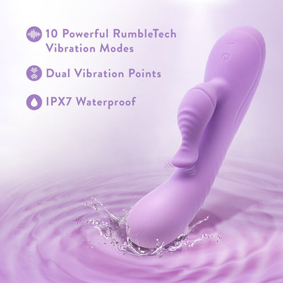 Purple Blush Evelyn Rabbit Vibrator with dual vibration points, 10 modes, and waterproof design splashing in water.