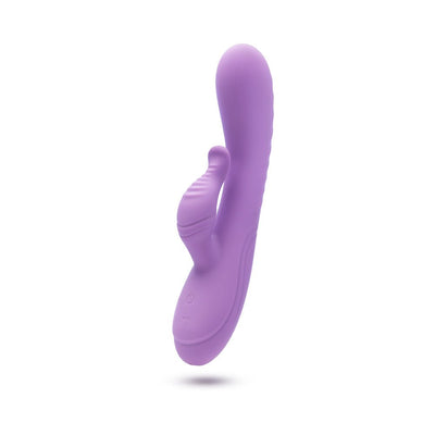 Purple Blush Evelyn Rabbit Vibrator with dual stimulation arms and smooth silicone finish on white background.