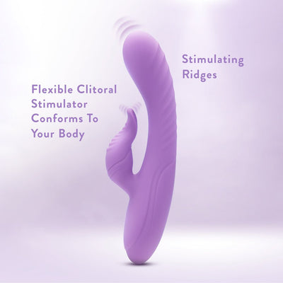 Purple Blush Evelyn rabbit vibrator with flexible clitoral stimulator and textured ridges for enhanced sensation.