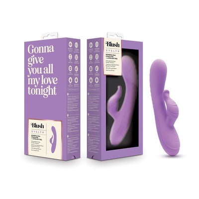 Blush Evelyn Purple rabbit vibrator with packaging showing product features and sleek ergonomic design in soft silicone.