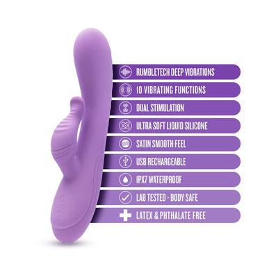 Purple Blush Evelyn Rabbit Vibrator with labeled features including USB rechargeable, waterproof, and ultra-soft silicone material.