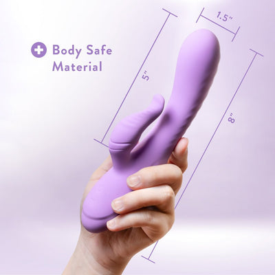 Hand holding a purple Blush Evelyn Rabbit Vibrator with size dimensions and body safe material label.