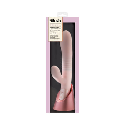 Blush Fraya Pink dual stimulation vibrator with thrusting shaft and clitoral stimulator in rose gold charging stand packaging.