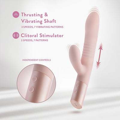 Blush Fraya Pink dual stimulation vibrator with thrusting shaft and clitoral stimulator, featuring independent control buttons.