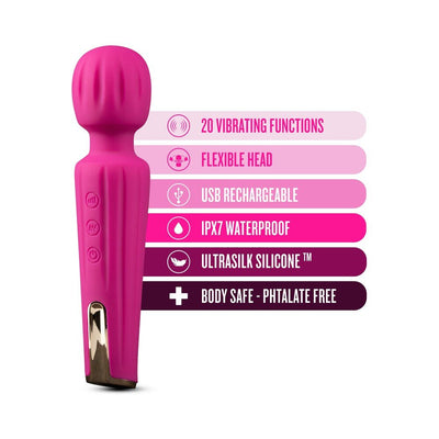 Pink Blush Lush Allana wand vibrator with flexible head and feature icons highlighting 20 vibration modes and waterproof design.