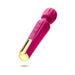 Pink and gold handheld wand massager with textured head and control buttons on the handle against a white background.
