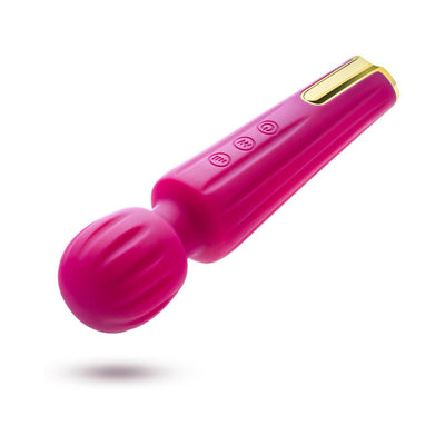 Pink wand vibrator with flexible rounded head and gold accent, featuring three control buttons on the handle.