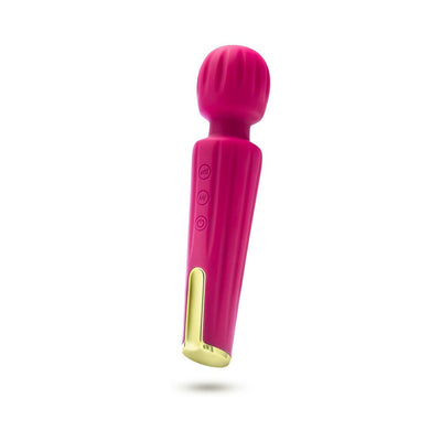 Pink wand vibrator with flexible head, textured handle, and gold accent base on white background.