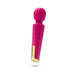 Pink wand vibrator with flexible head, textured handle, and gold accent base on white background.