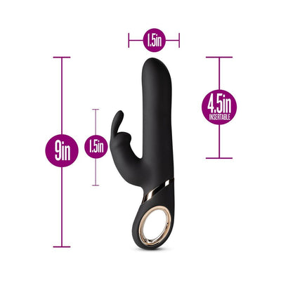 Black Blush Lush Victoria rabbit vibrator with dimensions and gold-accented handle ring shown on white background.