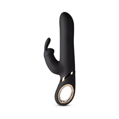 Black Blush Lush Victoria rabbit vibrator with ergonomic design and gold accent handle on white background.