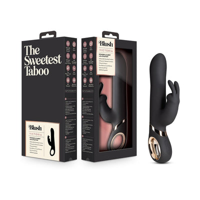 Blush Lush Victoria black rabbit vibrator with gold accent shown next to its black and pink packaging box.