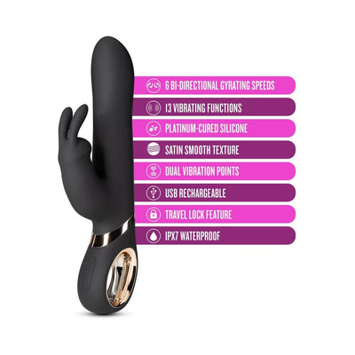 Black Blush Lush Victoria rabbit vibrator with dual motors, satin smooth silicone, and highlighted features list.