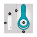 Teal silicone vibrating ring with dual bands and detachable white bullet vibrator, shown with detailed size measurements.