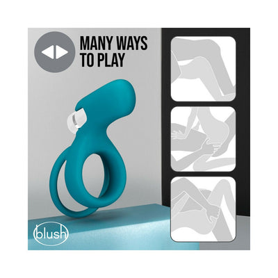 Teal silicone dual ring vibrator with detachable bullet, shown with illustrations of versatile use positions.