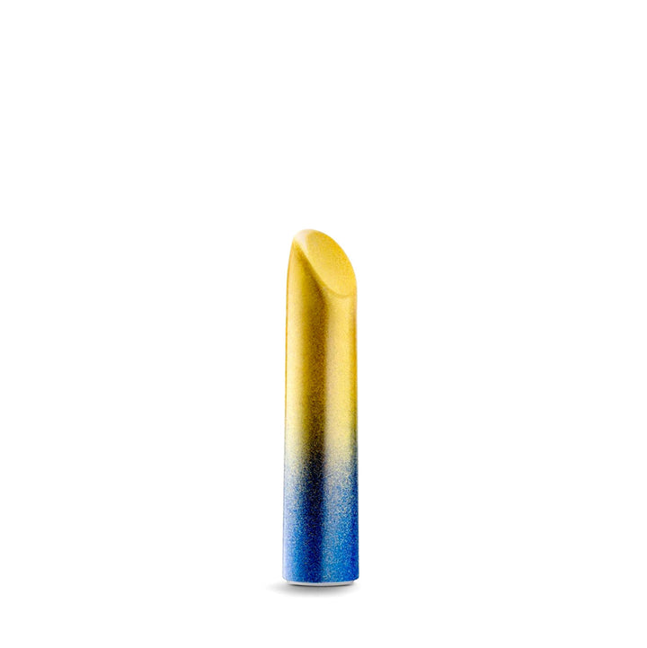 Compact bullet vibrator with a smooth, curved tip in a blue and yellow gradient finish.