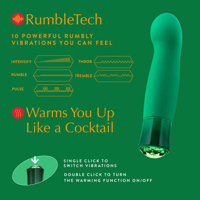 Green Blush Oh My Gem Enchanting vibrator with 10 rumble vibration modes and warming function, shown with control instructions.