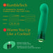 Green Blush Oh My Gem Enchanting vibrator with 10 rumble vibration modes and warming function, shown with control instructions.