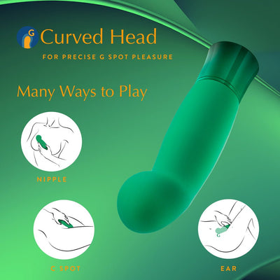 Emerald green curved vibrator with bulbous head designed for G-spot, nipple, and ear stimulation, shown with usage illustrations.