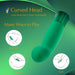 Emerald green curved vibrator with bulbous head designed for G-spot, nipple, and ear stimulation, shown with usage illustrations.