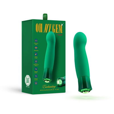 Emerald green curved vibrator with bulbous tip and jeweled base next to matching green packaging box.