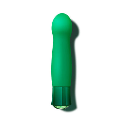 Emerald green G-spot vibrator with curved bulbous head and faceted gem-like base detail on white background.