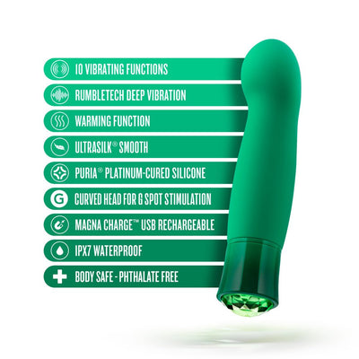 Green curved vibrator with emerald gem base highlighting 10 vibrating functions, deep rumble, warming, waterproof, and rechargeable features.